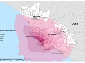 Concentrazioni medie annue al suolo di PM10 (µg/m3) nel territorio del comprensorio, ottenute tramite modello di dispersione relativo alle emissioni dovute allo stazionamento delle navi nel porto di Civitavecchia